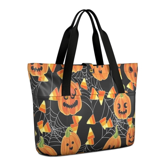 Tote Bag for Women - Pumpkin Candy Halloween Pattern Shoulder Bag - Large Utility Work Duffle Bag with Zipper Handbag for Travel, Work, Sprots