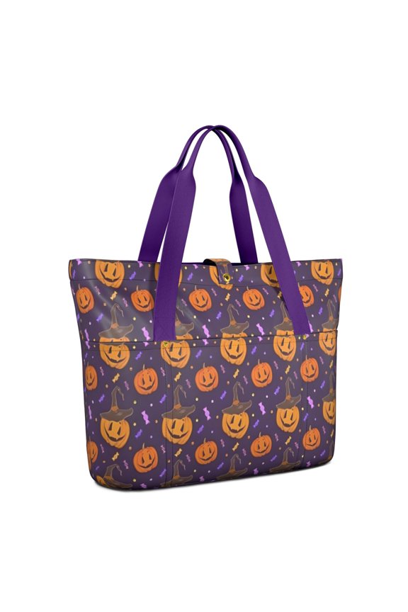 Tote Bag for Women - Pumpkin Hat Halloween Pattern Shoulder Bag - Large Utility Work Duffle Bag with Zipper Handbag for Travel, Work, Sprots