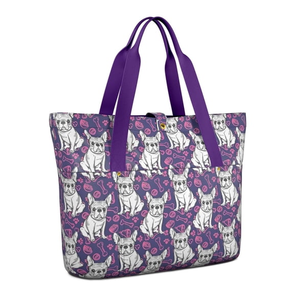 Tote Bag for Women - Purple French Bulldog Shoulder Bag - Large Utility Work Duffle Bag with Zipper Handbag for Travel, Work, Sprots