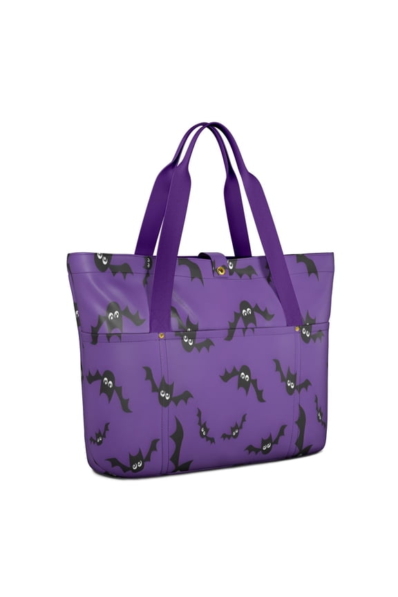 Tote Bag for Women - Purple Halloween Black Bats Shoulder Bag - Large Utility Work Duffle Bag with Zipper Handbag for Travel, Work, Sprots