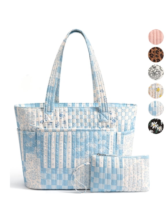 Tote Bag for Women, Quilted Cotton Tote Bags with Top Zipper for College Work Travel Casual Shoulder Bag Purse Handbags, Blue Patchwork