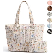 Tote Bag for Women, Quilted Cotton Tote Bags with Top Zipper for College Work Travel Casual Shoulder Bag Purse Handbags, Wildflower