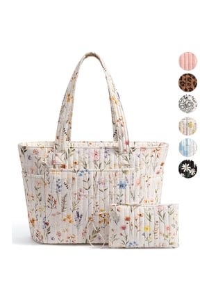 Tote Bag for Women, Quilted Cotton Tote Bags with Top Zipper for College Work Travel Casual Shoulder Bag Purse Handbags, Wildflower