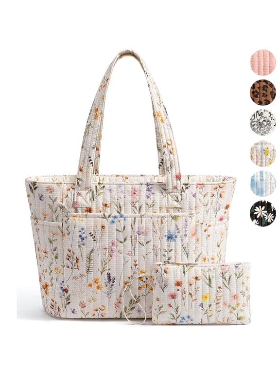 Tote Bag for Women, Quilted Cotton Tote Bags with Top Zipper for College Work Travel Casual Shoulder Bag Purse Handbags, Wildflower