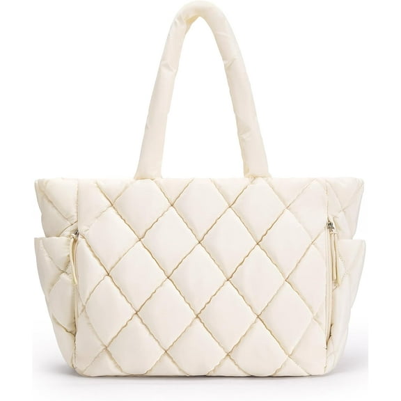 Tote Bag for Women, Quilted Puffer Tote Bag with Compartments, Shoulder Handbag Work Bag with Zipper for Travel