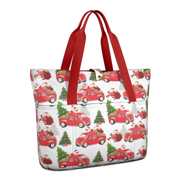 Tote Bag for Women - Red Christmas Car Pattern Shoulder Bag - Large Utility Work Duffle Bag with Zipper Handbag for Travel, Work, Sprots