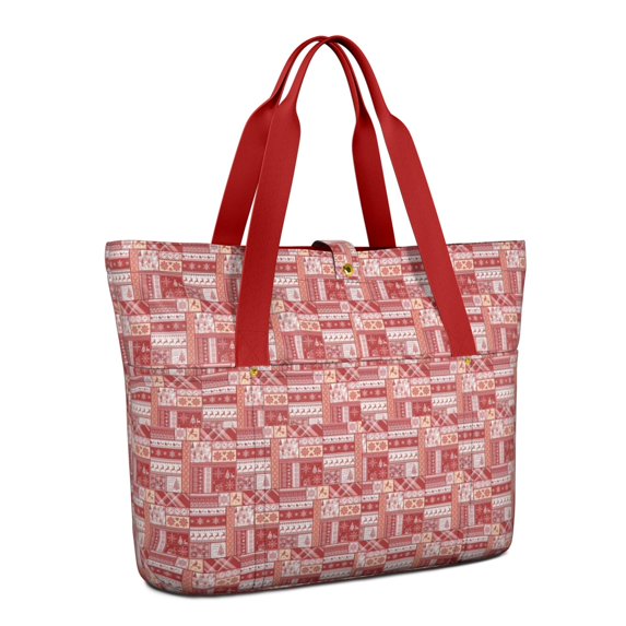 Tote Bag for Women - Red Christmas Patchwork Pattern Shoulder Bag - Large Utility Work Duffle Bag with Zipper Handbag for Travel, Work, Sprots