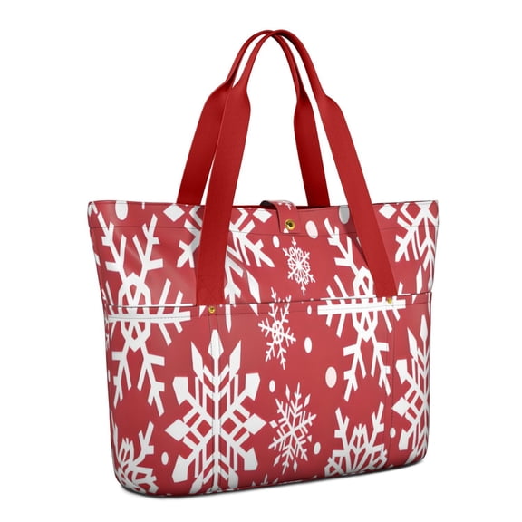 Tote Bag for Women - Red Christmas Snowflake Pattern Shoulder Bag - Large Utility Work Duffle Bag with Zipper Handbag for Travel, Work, Sprots