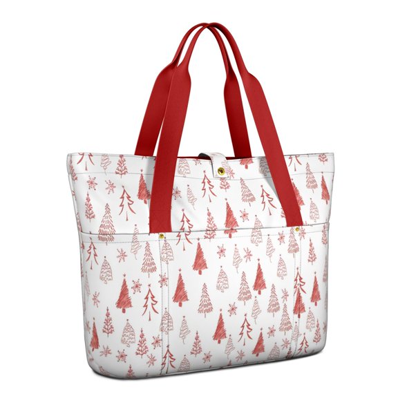 Tote Bag for Women - Red Christmas Tree Pattern Shoulder Bag - Large Utility Work Duffle Bag with Zipper Handbag for Travel, Work, Sprots