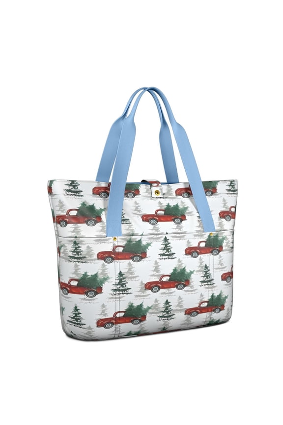 Tote Bag for Women - Red Christmas Truck and Tree Pattern Shoulder Bag - Large Utility Work Duffle Bag with Zipper Handbag for Travel, Work, Sprots