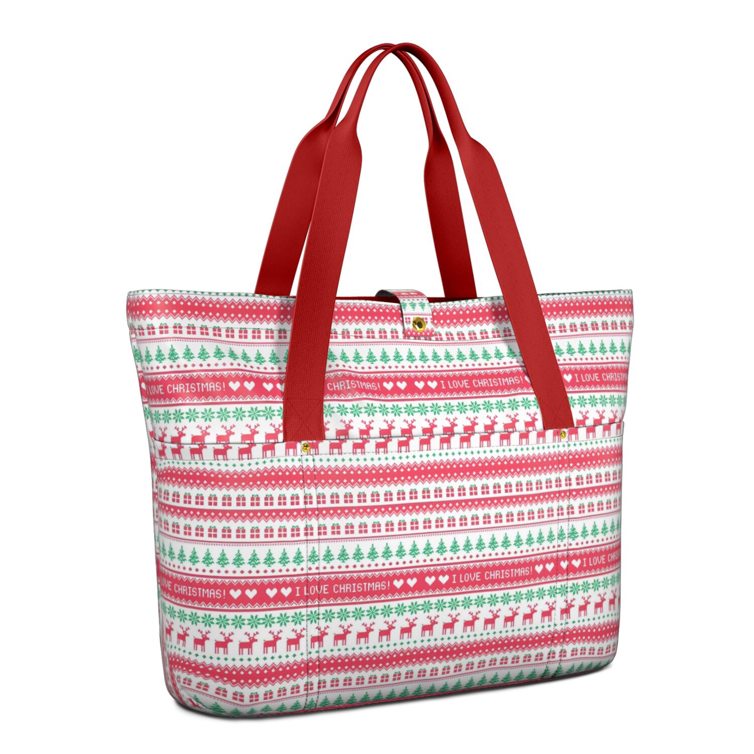 Tote Bag for Women - Red and Green Christmas Pattern Shoulder Bag - Large Utility Work Duffle Bag with Zipper Handbag for Travel, Work, Sprots