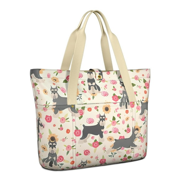 Tote Bag for Women - Schnauzer Dog and Flower Shoulder Bag - Large Utility Work Duffle Bag with Zipper Handbag for Travel, Work, Sprots