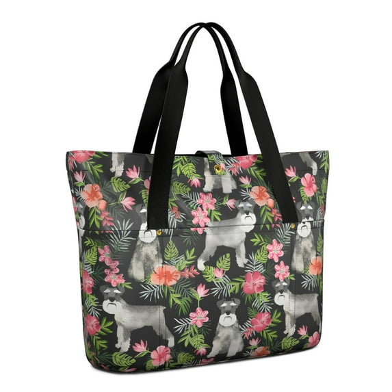 Tote Bag for Women - Schnauzer with Flowers Shoulder Bag - Large Utility Work Duffle Bag with Zipper Handbag for Travel, Work, Sprots