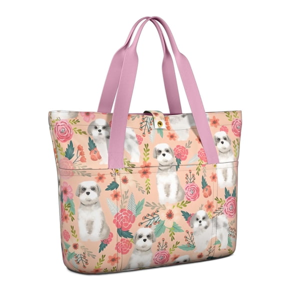 Tote Bag for Women - Shih Tzu Dog and Floral Shoulder Bag - Large Utility Work Duffle Bag with Zipper Handbag for Travel, Work, Sprots