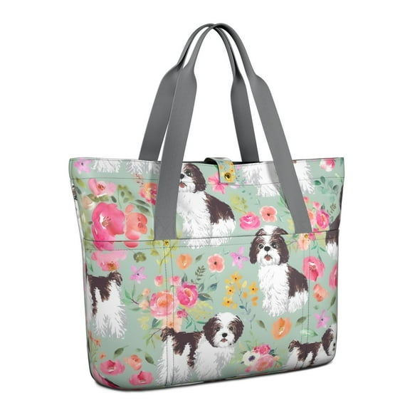 Tote Bag for Women - Shih Tzu Dog and Flower Floral Shoulder Bag - Large Utility Work Duffle Bag with Zipper Handbag for Travel, Work, Sprots