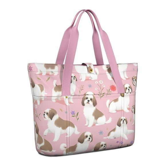 Tote Bag for Women - Shih Tzu Dogs and Flowers Shoulder Bag - Large Utility Work Duffle Bag with Zipper Handbag for Travel, Work, Sprots
