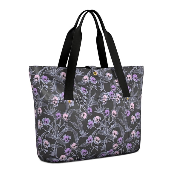 Tote Bag for Women - Skull Flower Halloween Pattern Shoulder Bag - Large Utility Work Duffle Bag with Zipper Handbag for Travel, Work, Sprots