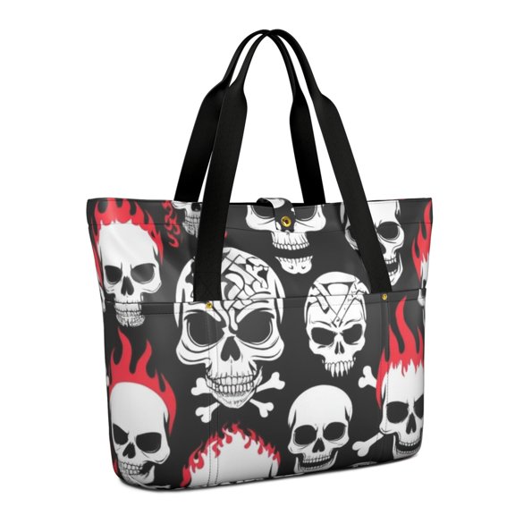Tote Bag for Women - Skulls with Fire Pattern Shoulder Bag - Large Utility Work Duffle Bag with Zipper Handbag for Travel, Work, Sprots