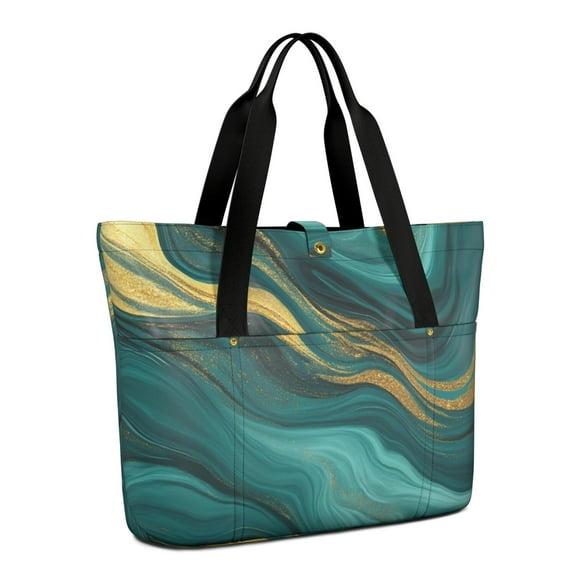 Tote Bag for Women - Teal Gold Marble Shoulder Bag - Large Utility Work Duffle Bag with Zipper Handbag for Travel, Work, Sprots
