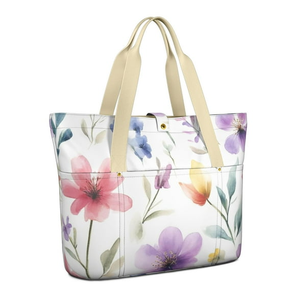 Tote Bag for Women - Watercolor Floral Pattern Shoulder Bag - Large Utility Work Duffle Bag with Zipper Handbag for Travel, Work, Sprots