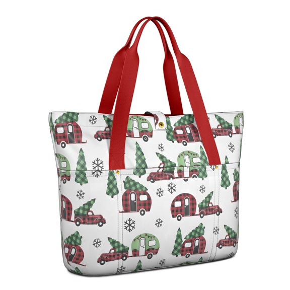 Tote Bag for Women - White Christmas Car and Camper Pattern Shoulder Bag - Large Utility Work Duffle Bag with Zipper Handbag for Travel, Work, Sprots