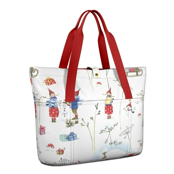 Tote Bag for Women - White Christmas Gnome Pattern Shoulder Bag - Large Utility Work Duffle Bag with Zipper Handbag for Travel, Work, Sprots