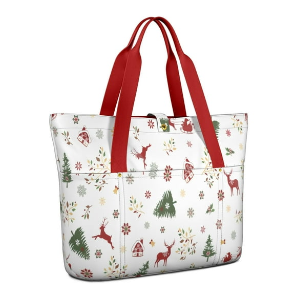 Tote Bag for Women - White Christmas Reindeer Pattern Shoulder Bag - Large Utility Work Duffle Bag with Zipper Handbag for Travel, Work, Sprots