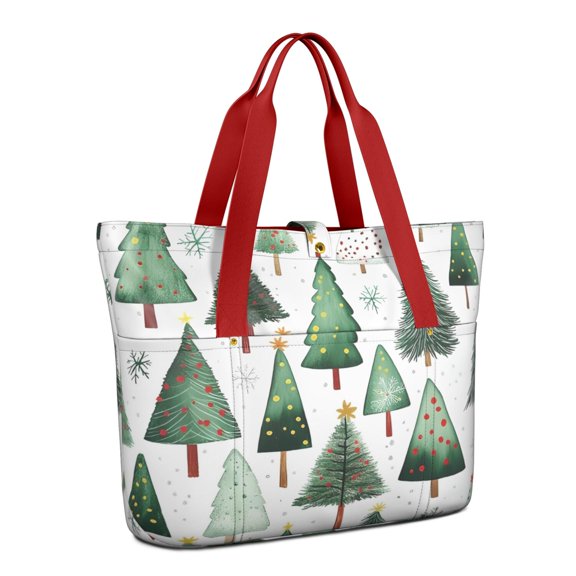 Tote Bag for Women - White Christmas Tree Pattern Shoulder Bag - Large Utility Work Duffle Bag with Zipper Handbag for Travel, Work, Sprots