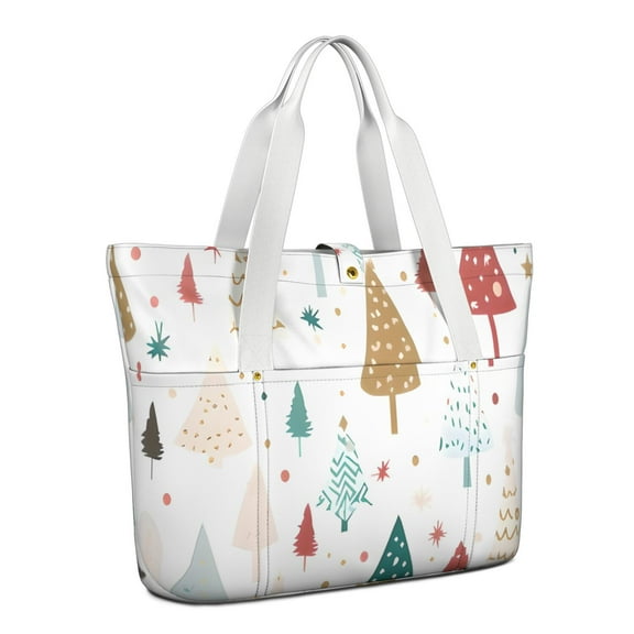 Tote Bag for Women - White Christmas Tree Pattern Shoulder Bag - Large Utility Work Duffle Bag with Zipper Handbag for Travel, Work, Sprots