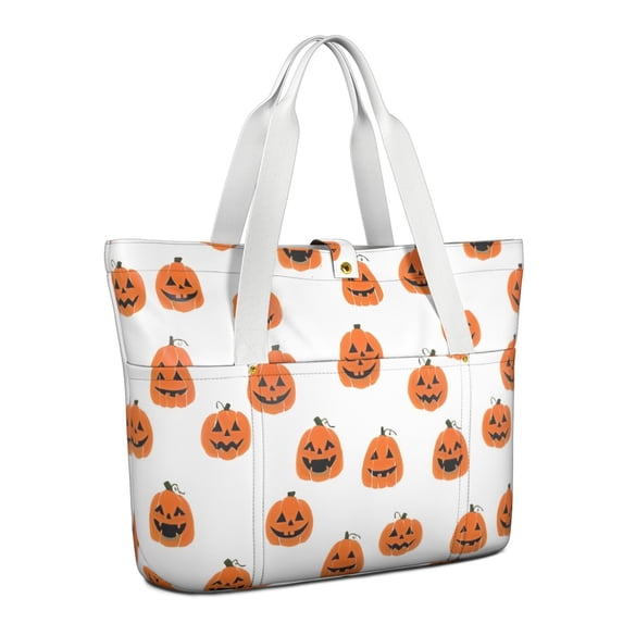 Tote Bag for Women - White Halloween Pumpkins Shoulder Bag - Large Utility Work Duffle Bag with Zipper Handbag for Travel, Work, Sprots