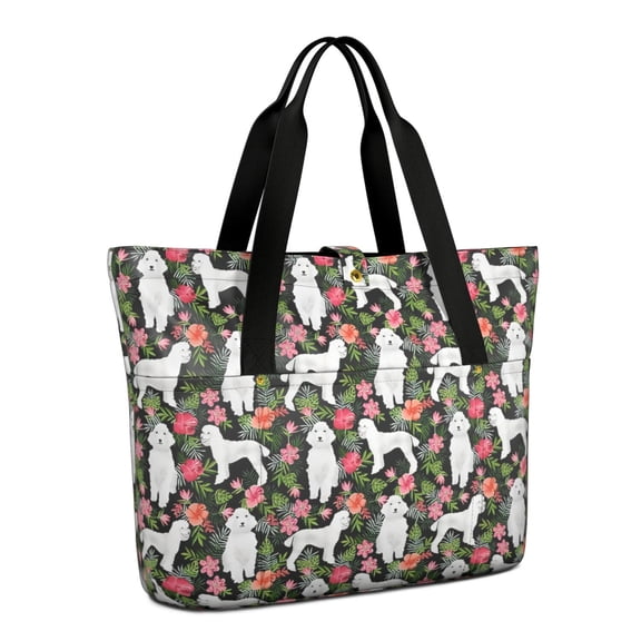 Tote Bag for Women - White Poodle Dog Hawaiian Floral Shoulder Bag - Large Utility Work Duffle Bag with Zipper Handbag for Travel, Work, Sprots
