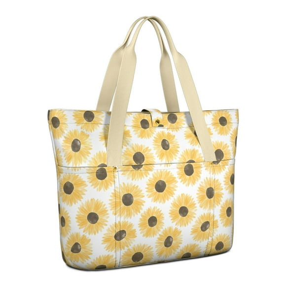 Tote Bag for Women - White Sunflower Shoulder Bag - Large Utility Work Duffle Bag with Zipper Handbag for Travel, Work, Sprots