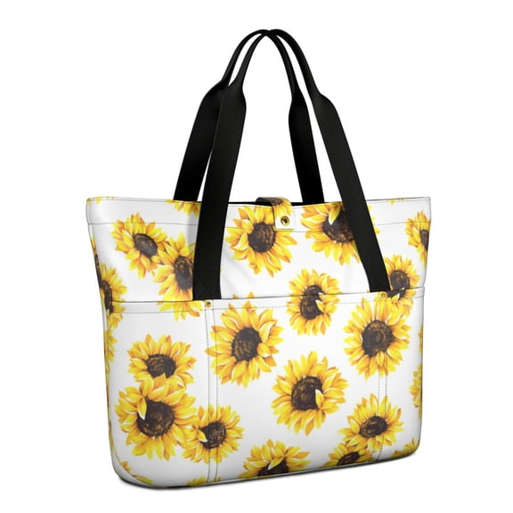 Tote Bag for Women - White Sunflower Shoulder Bag - Large Utility Work Duffle Bag with Zipper Handbag for Travel, Work, Sprots