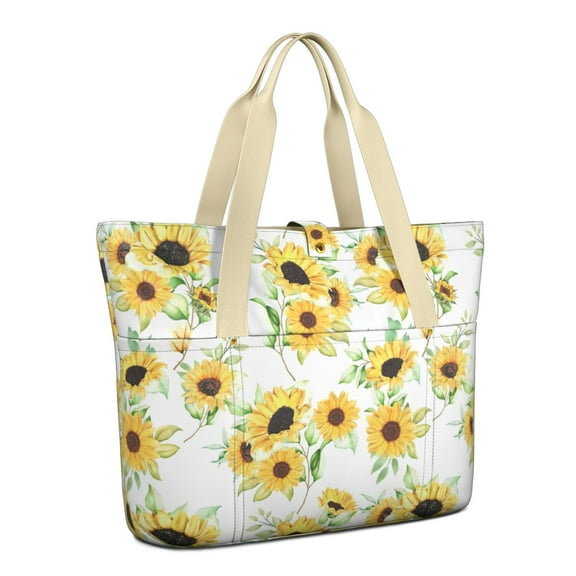 Tote Bag for Women - White Sunflower Shoulder Bag - Large Utility Work Duffle Bag with Zipper Handbag for Travel, Work, Sprots