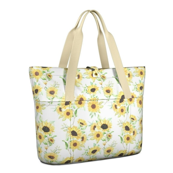 Tote Bag for Women - White Sunflower Shoulder Bag - Large Utility Work Duffle Bag with Zipper Handbag for Travel, Work, Sprots