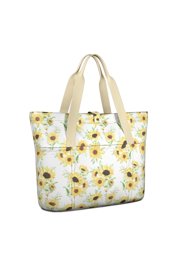 Tote Bag for Women - White Sunflower Shoulder Bag - Large Utility Work Duffle Bag with Zipper Handbag for Travel, Work, Sprots