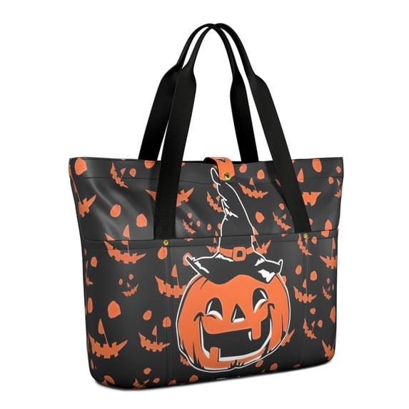 Tote Bag for Women - Witch Pumpkin Halloween Pattern Shoulder Bag - Large Utility Work Duffle Bag with Zipper Handbag for Travel, Work, Sprots