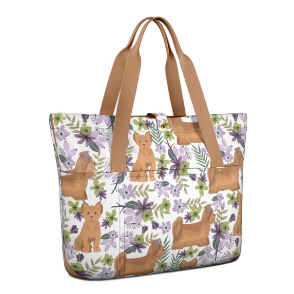 Tote Bag for Women - Yorkie Dog and Flower Florals Shoulder Bag - Large Utility Work Duffle Bag with Zipper Handbag for Travel, Work, Sprots