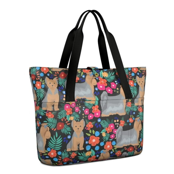 Tote Bag for Women - Yorkie Dog and Flower Florals Shoulder Bag - Large Utility Work Duffle Bag with Zipper Handbag for Travel, Work, Sprots