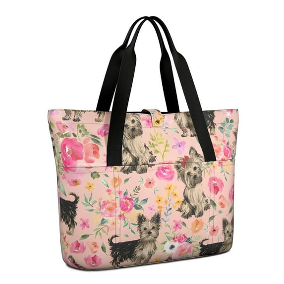 Tote Bag for Women - Yorkie Dog and Flower Florals Shoulder Bag - Large Utility Work Duffle Bag with Zipper Handbag for Travel, Work, Sprots