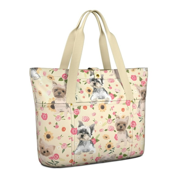Tote Bag for Women - Yorkie with Flowers Shoulder Bag - Large Utility Work Duffle Bag with Zipper Handbag for Travel, Work, Sprots