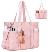 Canvas Tote Bag with Multi Pockets, Kabaqoo Crossbody Tote Bag for Women, Large Shoulder Handbag with Compartments, Pink
