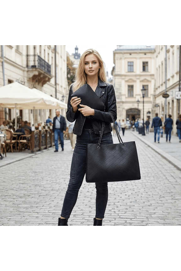 Tote Bag for Women with Pouch, Large PU Leather Chain Shoulder Handbag Work Shopper, Stylish Alternative to Crossbody Bags for Women