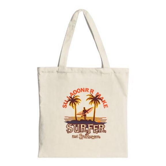 Tote Bag with Palm Trees & Surfing Design " SILADOONR WAKE " - Perfect for Travel Shopping & Parties Sunset Ocean Background
