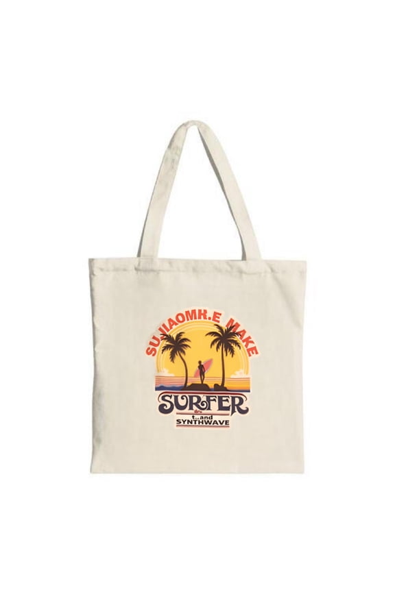 Tote Bag with Sunset Surf Design: Two Palm Trees & Surfer Vibrant Yellow - Orange Gradient Perfect for Shopping Travel & Parties
