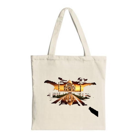 Tote Bag with Taj Mahal Sunset Design - Canvas Reusable Perfect for Shopping Travel & Parties Featuring Symmetrical Reflection & Warm Hues