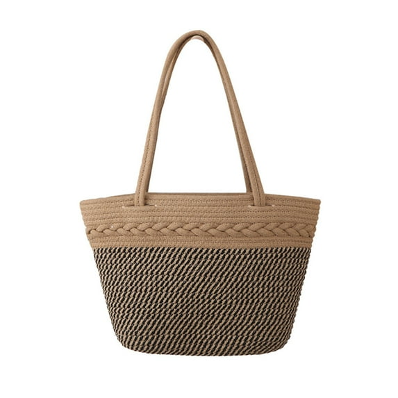 QTOCIO Cotton Rope Woven Handbag Large Capacity Daily Versatile Shoulder Bag Spliced Color Casual Woven Bag Beach Bag