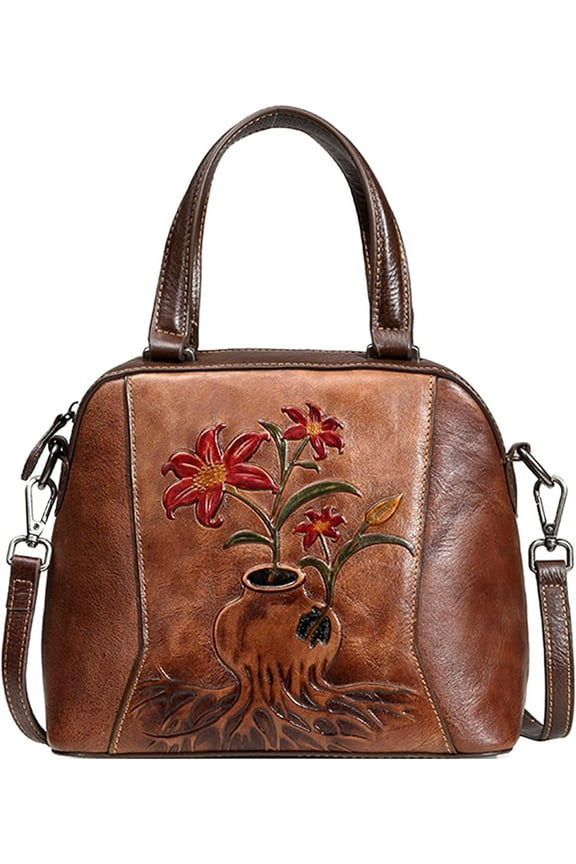 Tote Bags for Women, Flower Satchel Purses Classic Embossing Design Handbag Genuine Leather Ladies Shoulder Bag