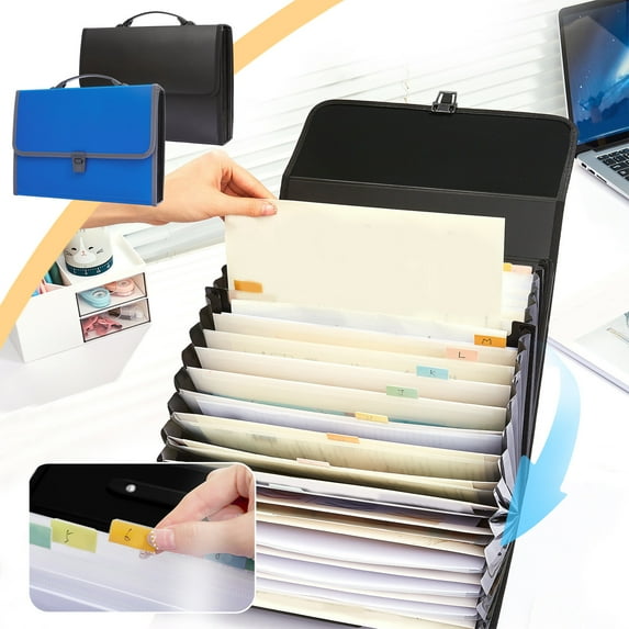 Tote Organizer Bag | 26 Compartment Plastic File Storage with Insert Buckle | Fits A4 Letter Documents | Portable Multi-Functional Document Case | 13.19x9.65x2.76in Blue Black | Durable Poly Folder