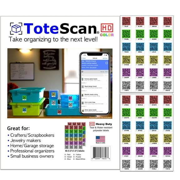ToteScan HD Color (Heavy Duty) Intelligent Smart QR Labels for Organization/Moving/Storage (48 Unique Labels, 1.5"x1.5").